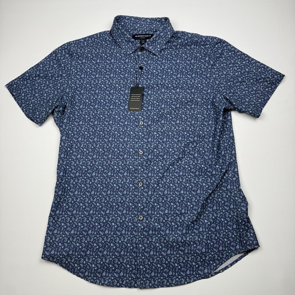Mizzen+Main Shirt Mens Large Blue Floral Short Sleeve Button Up Trim Fit Stretch